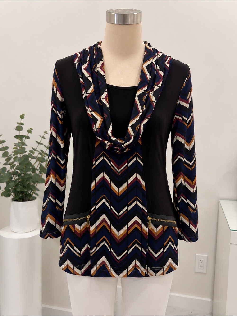 Coco Bianco Navy Tunic with Black, Burgundy & Mustard Chevron